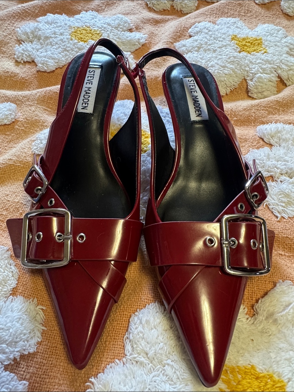 Steve Madden Burgundy Patent Pointed Slingback Mules with Buckle Detail